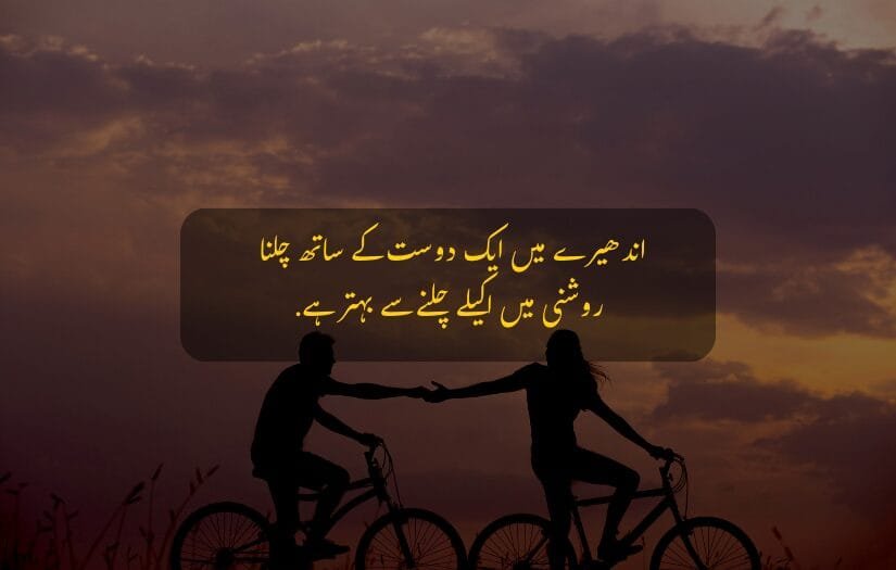 Two people riding bicycles at sunset, reaching out to each other. Urdu Friendship Quotes text highlights the value of companionship.Two friends on bicycles at dusk, reaching out to hold hands. Urdu text reflects the comfort of companionship in darkness over solitary brightness. 