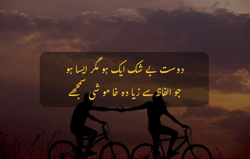 "Two friends holding hands while cycling at sunset, with an Friendship Urdu quote about silent understanding in friendship."