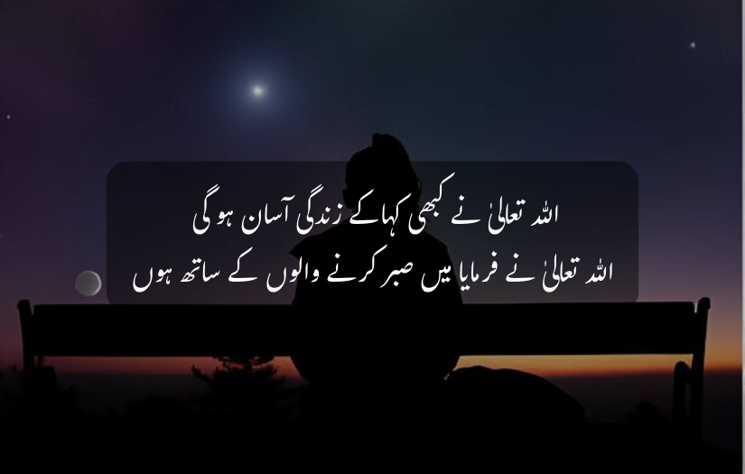 "Silhouette on bench under twilight sky with Urdu patience quote."