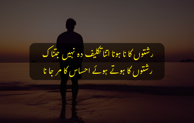 "Silhouette of a person at sunset with Urdu Quote about relationships and feelings."