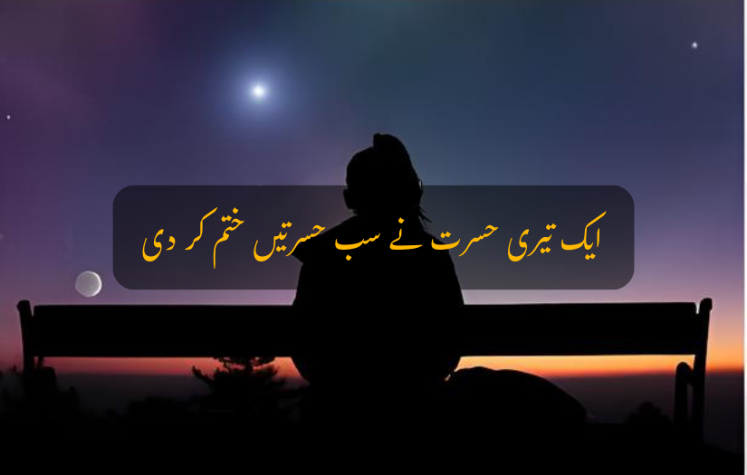 "Silhouette of a person on a bench with Sad Urdu Quote text overlay."