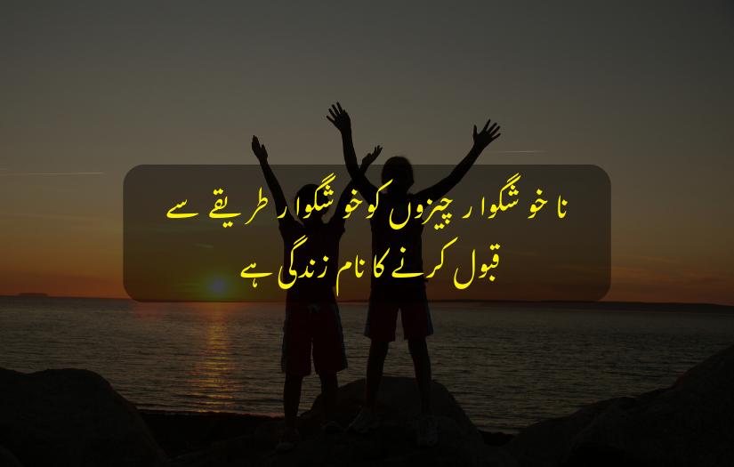 "Life Urdu text about gratitude with two silhouetted people celebrating by the ocean at sunset."