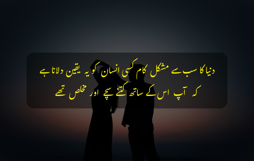 "Silhouette of a couple during sunset with Deep Urdu Quote text about trust and sincerity."