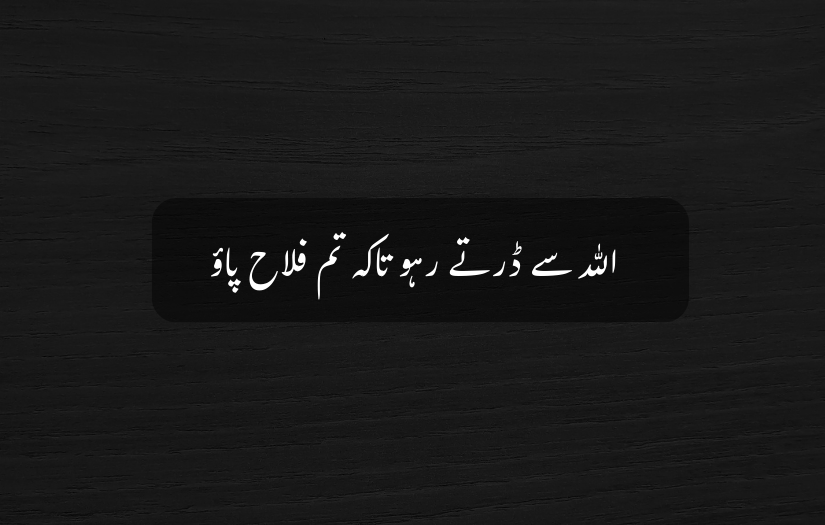 "Black textured background with an Urdu islamic quote about fearing Allah and achieving success."